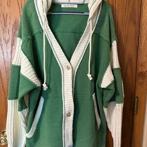 We The Free Green and Cream Hooded Cardigan